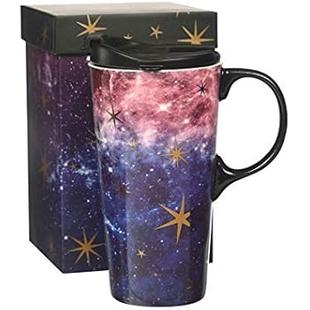 Ceramic Travel Mug Coffee Cup 17 OZ, with Sealed Lid and Gift Box, Purple Starry Sky