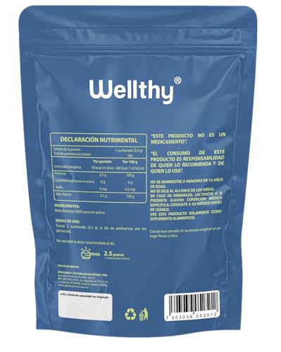 Wellthy 100% Beta Alanina 400g. Presentación en Polvo, 2.5g por Porción, Cuchara Medidora Incluída dentro del empaque, 160 Porciones por Envase, más de 5 Meses de Consumo, Bottle Free.