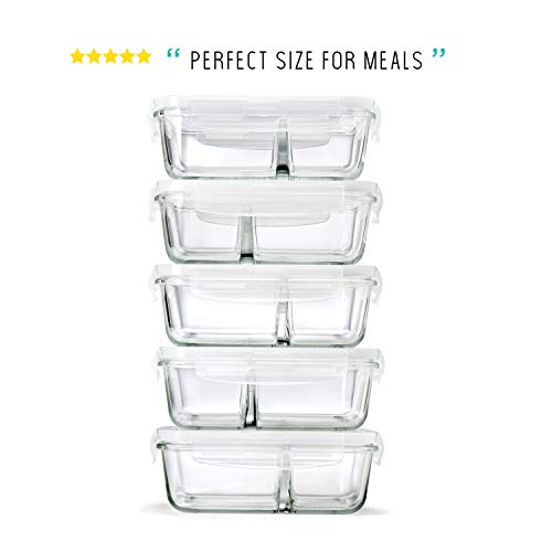 Fit & Fresh Divided Glass Containers, 5Pack, Two Compartments, Set of