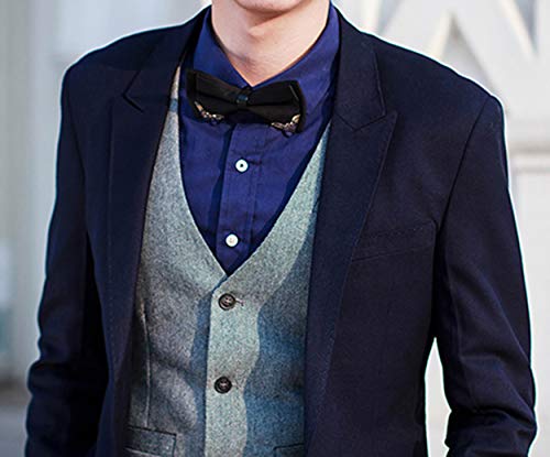 MENDENG Men's Gold Metal Burgundy Black PU Leather Satin Bow Ties Formal Bowtie - Thumbnail 2