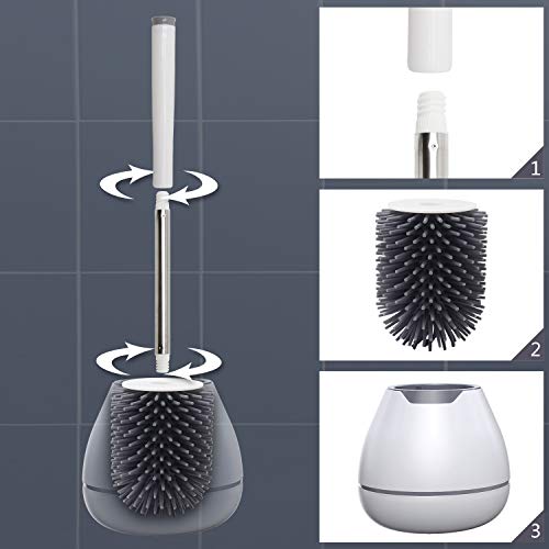 MAJALiS Toilet Brush and Holder with a Replacement Head, Modern Bathroom Silicone Toilet Bowl Brush and Holder with Tweezers - White