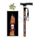 Adjustable T Handle Walking Cane Flames with Skulls