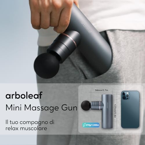arboleaf Mini Muscle Massage Gun, Massage Gun, Muscle Massager 5 Speeds 4 Silicone Head, 3200rpm Massage Gun Low Noise, Battery 2000 mAhx2 Charging Type-C, Grey