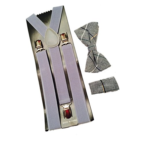 Plaid Bow ties, hanky and gray suspenders Combo Mens