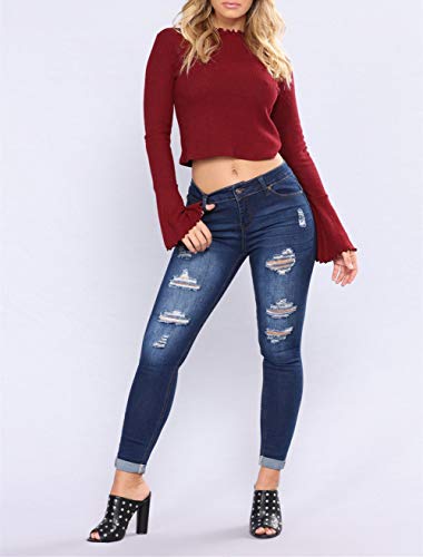 Women's High Waisted Butt Lift Stretch Ripped Skinny Jeans Distressed Denim Pants Blue 35 US 14 - Thumbnail 2