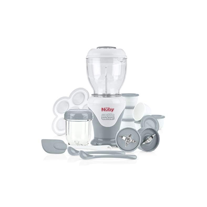 Nuby Mighty Blender with Cook Book, 22-Piece Baby Food Maker Set, Cool Gray