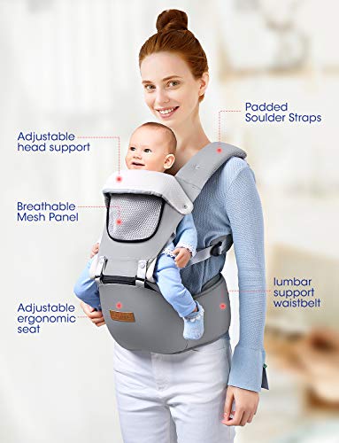 OMORC Baby Carrier, 9-in-1 Convertible Infant carrier, Support 45 lbs,Baby Holder Hip Seat Carrier Waist Stool, Pure Cotton & Breathable Mesh & Adjustable Front Back Soft Child Carrier