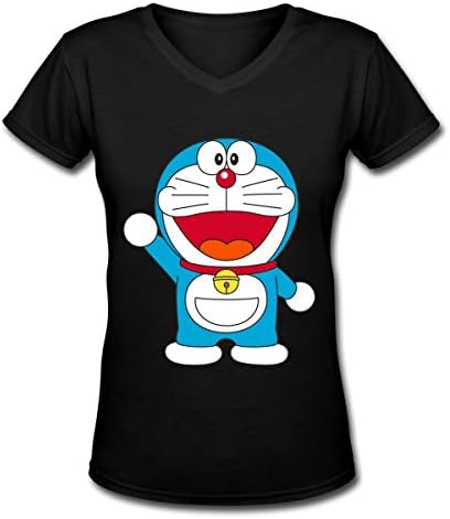Womens Doraemon Robot V-Neck Short Sleeve T-Shirts Slim Cotton Tops Tees