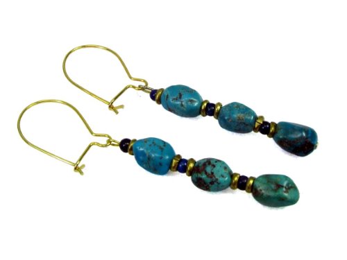 Turquoise Nugget Dangle Earrings, w/ Green Pyrite Beads and Kenya Brass