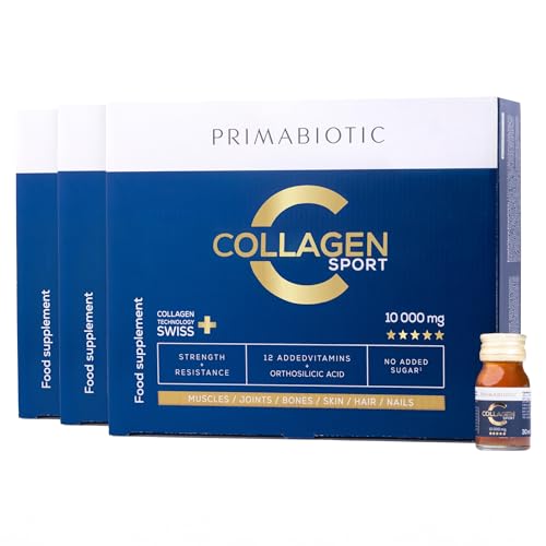 Collagen Liquid – Primabiotic Collagen Sport 10000 mg with Orthosilicic Acid | 90 Shots of 30 ml (2700 ml) | High-Protein Drink Supplement | 45 kcal per Serving | for Active People & Athletes