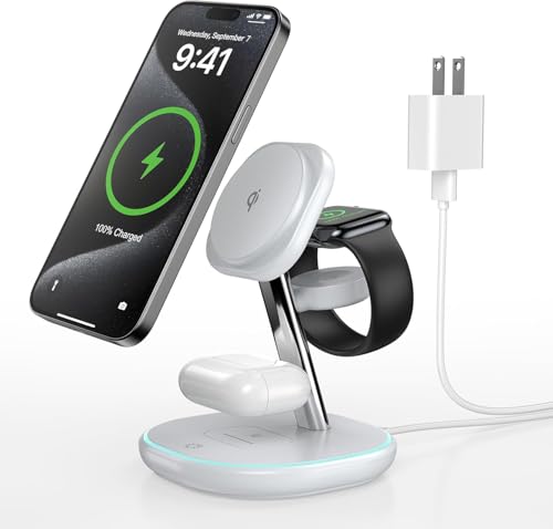 Wireless Charging Station for Magsafe, 3 in 1 Wireless Charging Stand, Fast Wireless Charger Made for iPhone 16/15/14/13/12,Apple Watch Series 10/Ultra 2/Ultra/9/8/7/6/5/4/SE/SE 2,Air-Pods 4/3/Pro/2