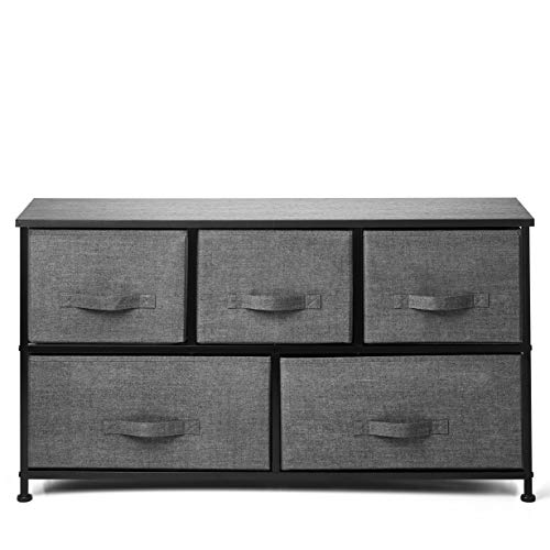 Dresser-Organizer-With-5-Drawers-Fabric-Storage-Chest-for-Bedroom-Hallway-Entryway-Closets-Nurseries-Furniture-Storage-Tower-Sturdy-Steel-Frame-Wood-Top-Easy-Pull-Handle-Textured-Print-Drawers