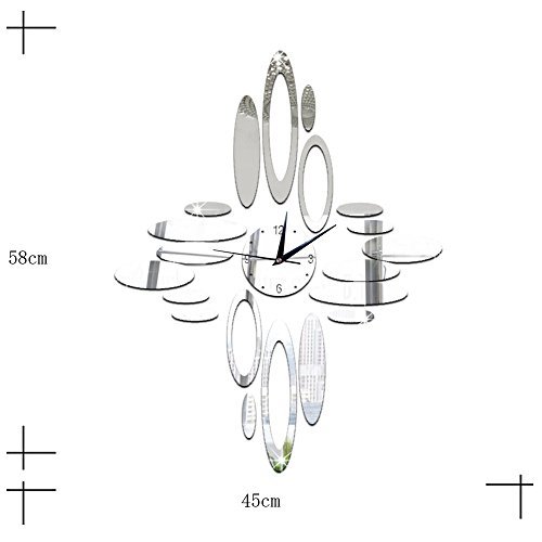 Happy Hours - Modern Oval Mirror Wall Clock / 3D Home Decoration Sticker Design Bell / Removable Acrylic Decal Watch(Silver)