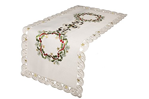 Xia Home Fashions XD17103 Ribbon Wreath Christmas Table Runner, 15 by 34-Inch, Ivory