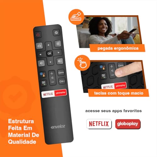 Kit 2 Controle Remoto Para Tv Tcl 4k Smart Android Teclas Netflix Globoplay GooglePlay Semp Tcl 32S6500S 40S6500FS 43S600FS 43 50 55 Polegadas Led Lcd Hd Uhd Oled e Qled Marca Enveloz