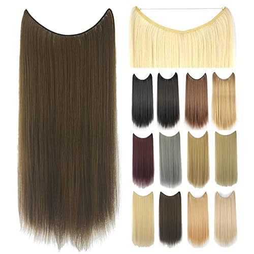 IMISSU 22'' 26'' Long Straight Hair Extensions Fish Line Hairpiece Synthetic Invisible Secret Wire Headwear Flip Hair Piece for Women (22 Inch,Solid Brown)