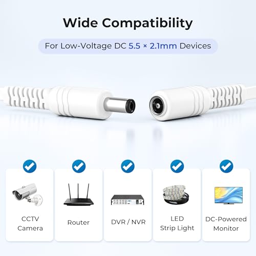Basesailor 12V DC Extensión Cable 6M 2 Pack,5V 9V DC 2.1mm x 5.5mm 5521 Potencia Suministro Adaptador Plano Extensor Cordón,Mujer a Hombre Alambre para CCTV Security Camera,IP Network Camera,DVRs