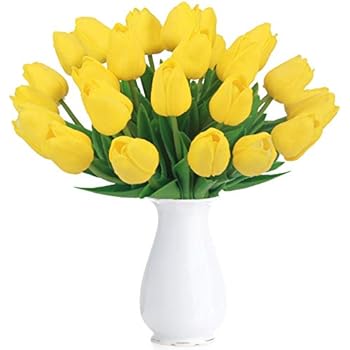 Bomarolan Artificial Tulip Fake Holland Mini Tulip Real Touch Flowers 24 Pcs for Wedding Decor DIY Home Party (Yellow)