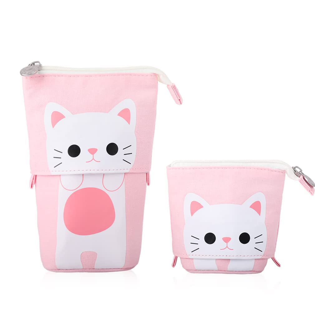 School Case, 2-in-1 Telescopic Pencil Case, Vertical Pencils, Pencil Case, Office Stationery School Supplies Organizer Makeup for Girls, Boys, Teenagers, Students Adults, White Cat, dibujos animados