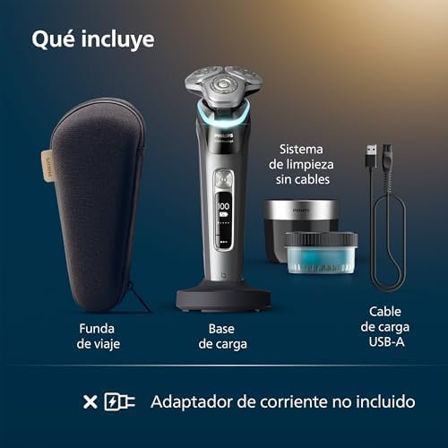 i9000 Prestige, Afeitadora Eléctrica Hombre, Máquina de Afeitar Barba en Seco y Húmedo, Tecnología SkinIQ, Base de Carga, Recargable, Estuche de Viaje, Centro de limpieza, XP9202/30