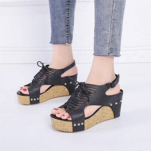 Womens Peep Toe Sandals, Wedges Platforms Shoes Beach Breathable Sandals Rome Elastic Strap Casual Slippers (9.5 B(M) US, Black) - Thumbnail 2
