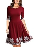 Miusol Women's Vintage Scoop Neck Embroidered Half Sleeve Casual Swing Dress,Wine Red,Medium