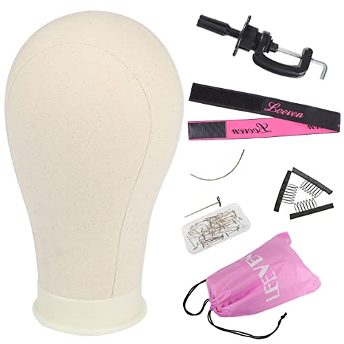 Leeven 23.5 Inch Canvas Wig Head for Making and Styling - Professional Canvas Block Head with Stand Clamps for Hat Display