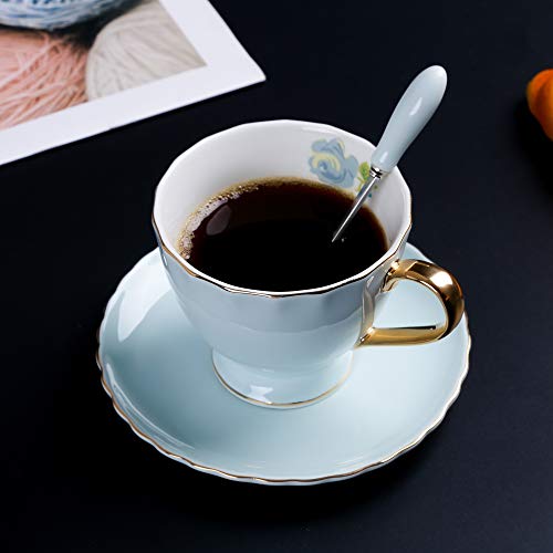 ARTVIGOR 12-Piece Silver Rimmed Coffee Tea Set fo with Saucers and Spoons New Bone China 6.8oz Teacups, 14.6 x 14 x 4.1 inches Blue