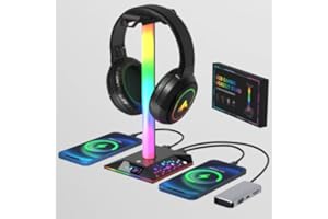 XERGUR Gaming Headphone Stand PC Accessories - RGB Headset Stand with 2 USB Charger, Cool LED Headphone Holder PC Gaming Accessories Gift for Boys Men Gamers, Computer Game Hardware for Desk