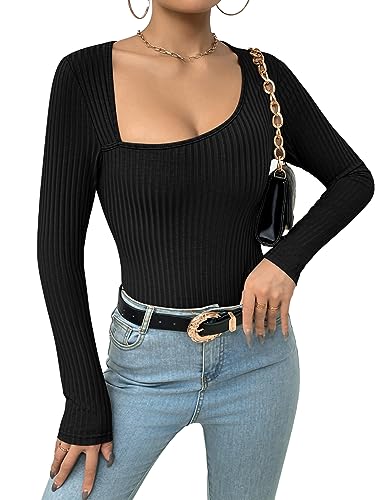 Zeagoo Women's Bodysuit Long Sleeve Asymmetric Neck Bodysuit for Women Stretch Ribbed Slim Body Suits Women Clothing