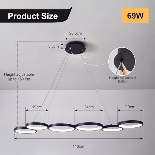 Liyabber Lampada a Sospensione LED Dimmerabile 113cm 69W Nero | Lampadario Moderno Design a 6 Anelli con Telecomando, Altezza Regolabile Lampada Sospesa per Tavolo da Pranzo, Soggiorno