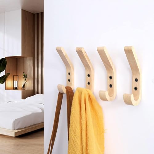 Wall Mounted Solid Wood Coat Rack (4 Pieces) - Hand Polished Oak Design Hooks - 10kg - For Kitchen, Bedroom & Bathroom