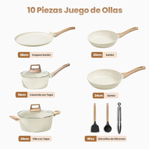 HEEDU Juego de 10 Ollas y Sartenes Antiadherentes, Batería de Cocina, Juego de Utensilios de Granito, Apto para Todas las Estufas, con Sartenes y Cacerolas (Blanco)