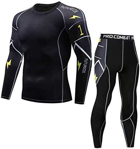Rosennie Mens Quick Dry Fitness Compression Base Layer Skin Tights Long Sleeve Top and Pants Set