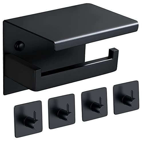 WEKIS Matte Black Toilet Paper Holder with Shelf, Self Adhesive or Wall