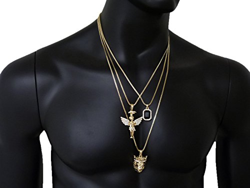 Micro Colorful Gemstone, Angle, Lion Pendant 24",30" Box Chain 3 Necklace Set Gold Tone RC1413G (Black)