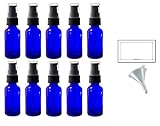 1 oz Cobalt Blue Glass Boston Round Treatment Pump Bottle (10 pack) + Funnel and Labels for essential oils, aromatherapy, food grade, bpa free