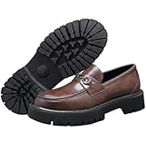 XENTORD Men's Patent Leather Platform Loafers Comfort Non-Slip Lug Sole Slip-On Dress Shoes with Metal Horsebit Detail for Business Office & Casual