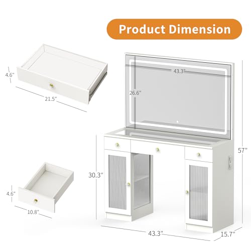 Pamapic Makeup Vanity Desk with Mirror and Lights, LED Light Strip Vanity with Glass Top, Crystal Knobs and Translucent Cabinet Doors, 3 Lighting Modes White Vanity with 3 Drawers