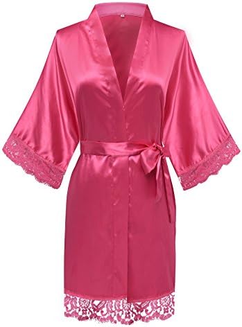 DandyChic Women's Satin Kimono Bridesmaid Silky Short Robe Lace Trim