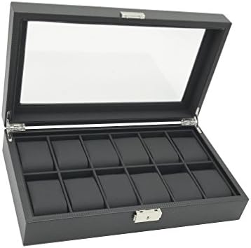 ACECLE 12 Slots Compartments Handcrafted Watch Display Box Case Storage Deluxe Luxury Carbon Fiber Decorative Organaizer Design w/ Glass Top Lid