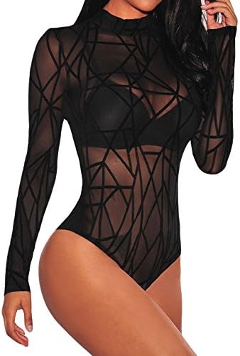Women's Long Sleeve Bodysuit Sheer Mesh Sexy Leotard Bodysuit Body Tops