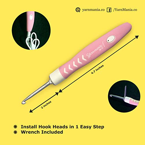 [2nd Gen] Yarn Mania Aiyana Crochet Hooks | Light Up Crochet Hooks with 9 Sizes Interchangeable Aluminum Heads | Ergonomic Curve Shape, Soft Handle and Two Brightness Settings (Light Pink) - Thumbnail 5