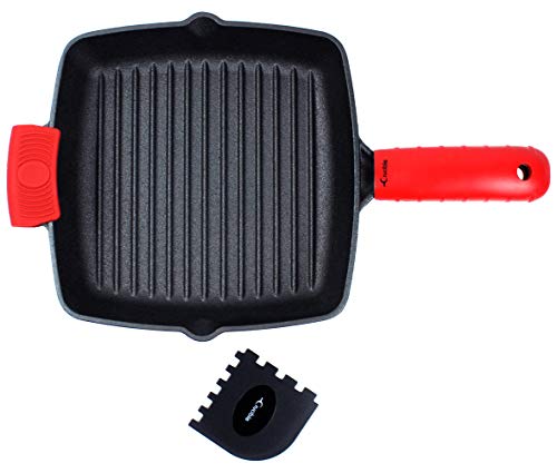 Cast Iron Grill Pan with Extra Thick Silicone Hot Handle Holder, Assist Handle Holder, Grill Scraper