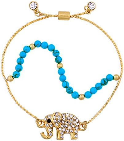 Womens Bracelet by Gold Plated Metal + Water Drop Beads Handmade Elephant Pendant