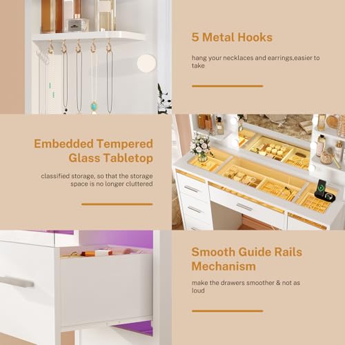 TEENFON Vanity Desk with Mirror and Lights, Makeup Vanity with Glass Top, RGB Lighted Drawers and Power Outlet, Dressing Table with 7 Drawers, 4 Shelves and 5 Jewel Hooks, Bedroom, White
