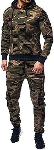 WGNNAA Mens Open Hem Jog Pants Trousers Autumn Print Pocket Zipper Sweatshirt Hooded Top Pants Sets Sports Suit Tracksuit Loose Elastic Waist Casual Lounge Wear Trousers Pants