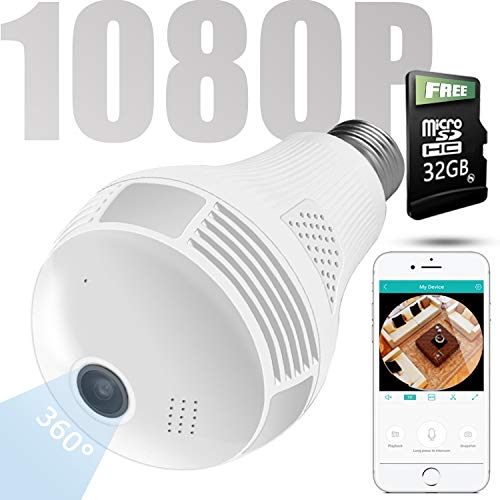 Wireless 1080P Bulb Camera WiFi Home Security Surveillance 360° Fisheye Lens Panoramic with Two Way Talking, Motion Detection (32G)