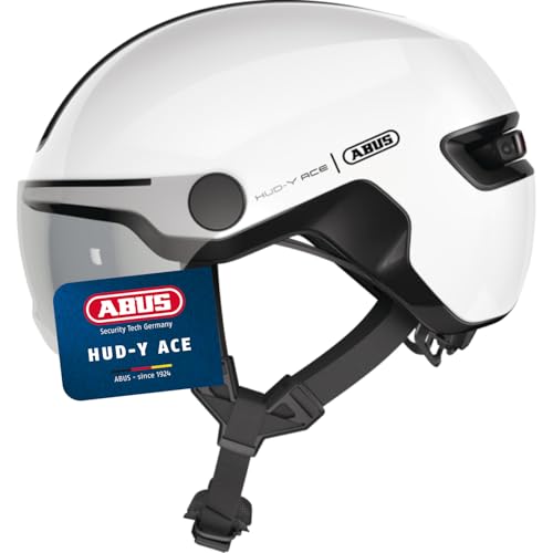 ABUS Stadthelm HUD-Y ACE - stylischer Fahrradhelm mit Visier und magnetischem, aufladbarem LED-Rücklicht - für Damen und Herren - Weiß Glänzend, Größe