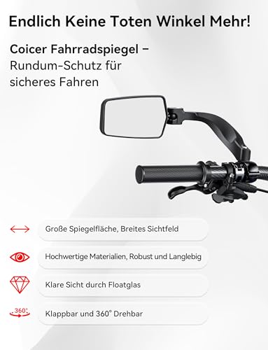 Bicycle Rear View Mirror, 360° Foldable & Rotatable Bicycle Mirror for E-Bike Left, Bicycle Mirror Left for Ebikes with HD Vision, Impact-Resistant Real Glass, Compact Handlebar Mirror for E Scooter